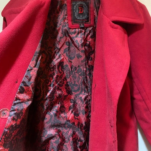 Dollhouse Vibrant Red Button Zip Pocket Black Elbow patches Pea Coat XL - Picture 2 of 7
